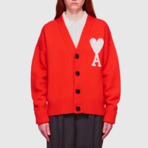 Ami Paris Ami De Coeur Merino Wool Oversize Cardigan Red Alexandre Mattiussi